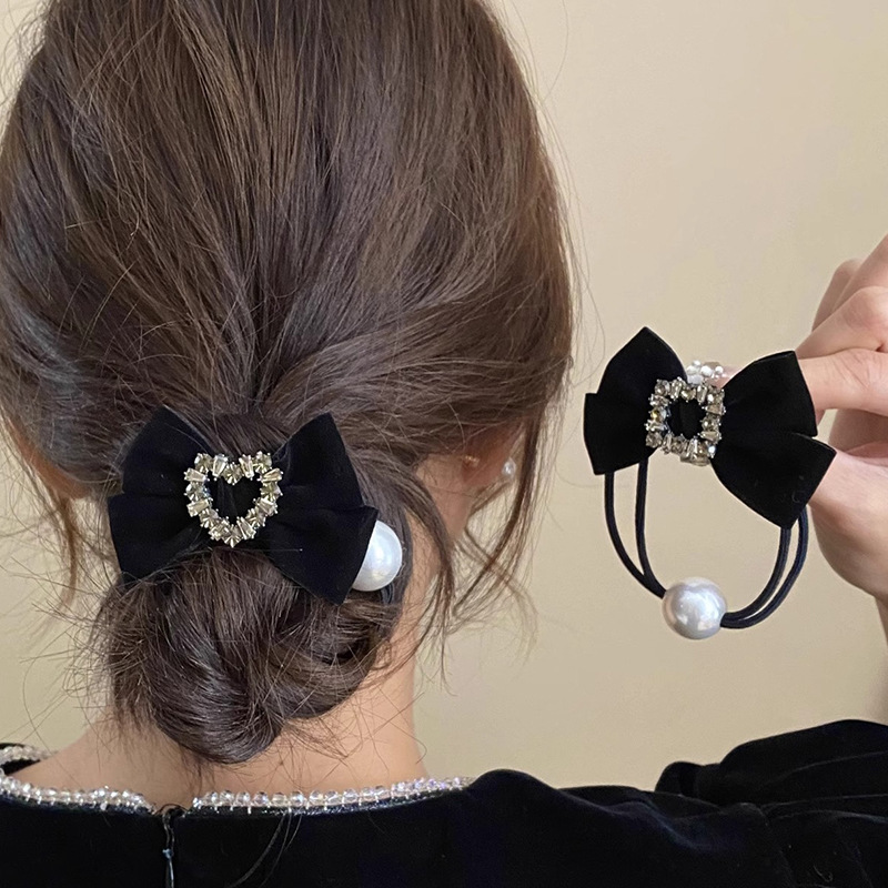 蝴蝶结发绳丝绒水钻气质头饰优雅黑色头绳发圈后脑勺低马尾发饰女
