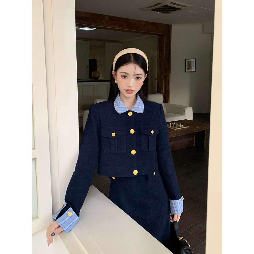 2023大码女装法式小香风短款毛呢长袖外套+假两件连衣裙秋冬套装