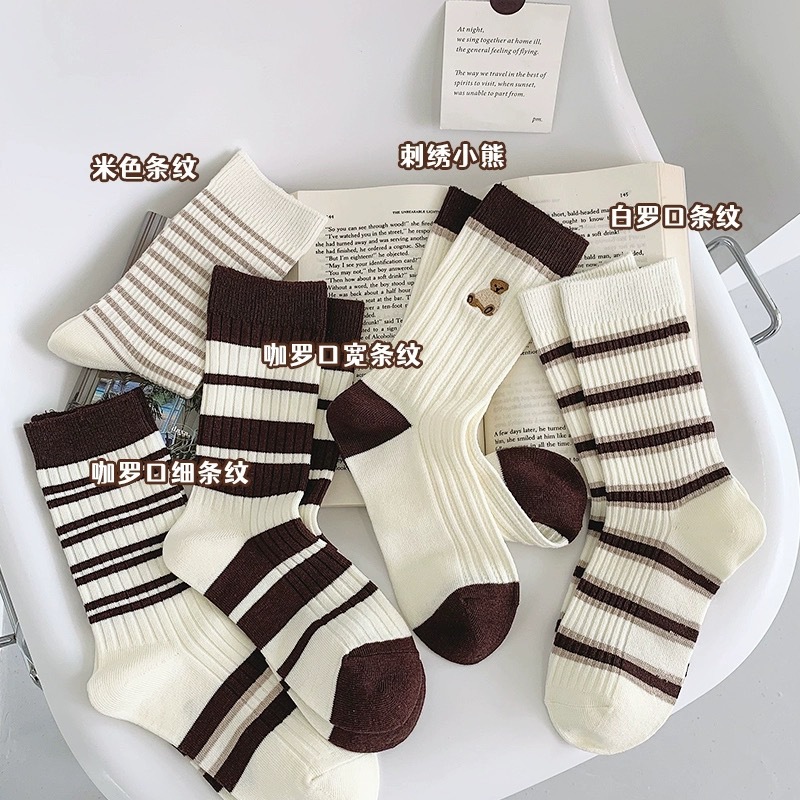 诸暨袜子秋冬女款中筒袜长袜月子袜ins简约条纹棉袜堆堆袜瘦腿袜