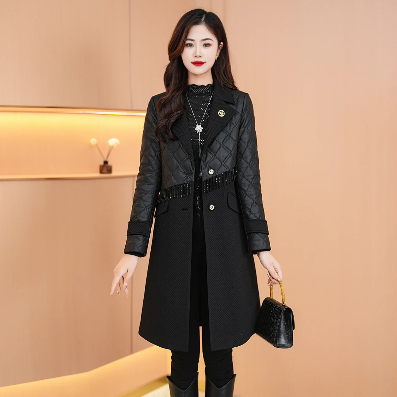 韩版通勤黑色风衣外套女2023秋季新款简约时尚气质优雅中长款大衣