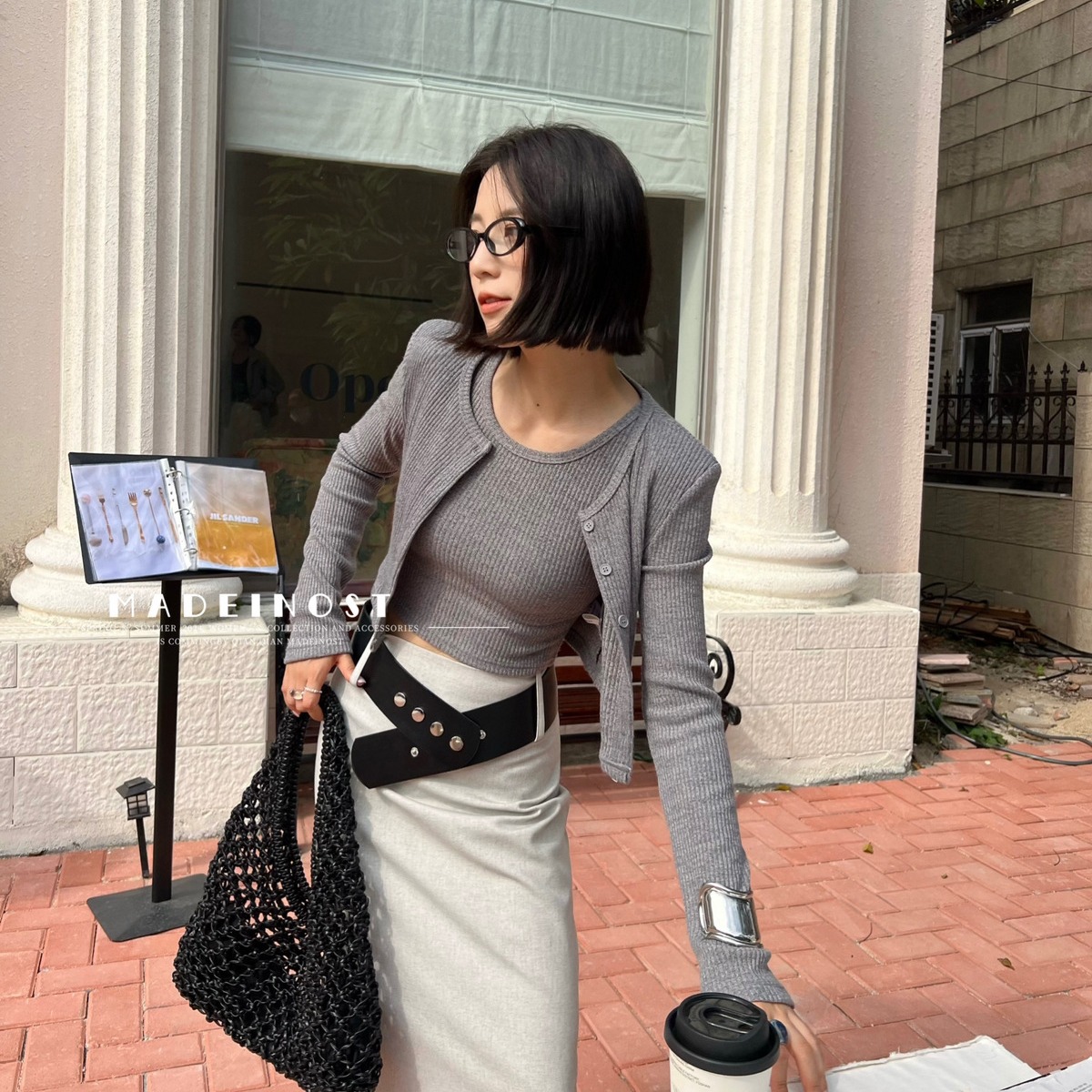 MADEINOST休闲风女装春季穿搭一整套坑条开衫＋背心套装女两件套