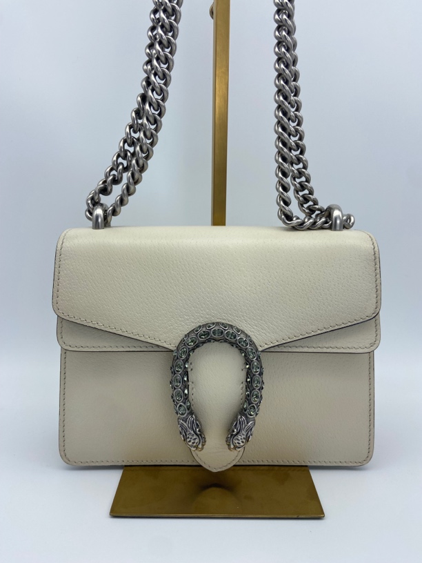 95新 GUCCI/古驰 酒神小号白色钻扣链条斜挎包20cm/A133