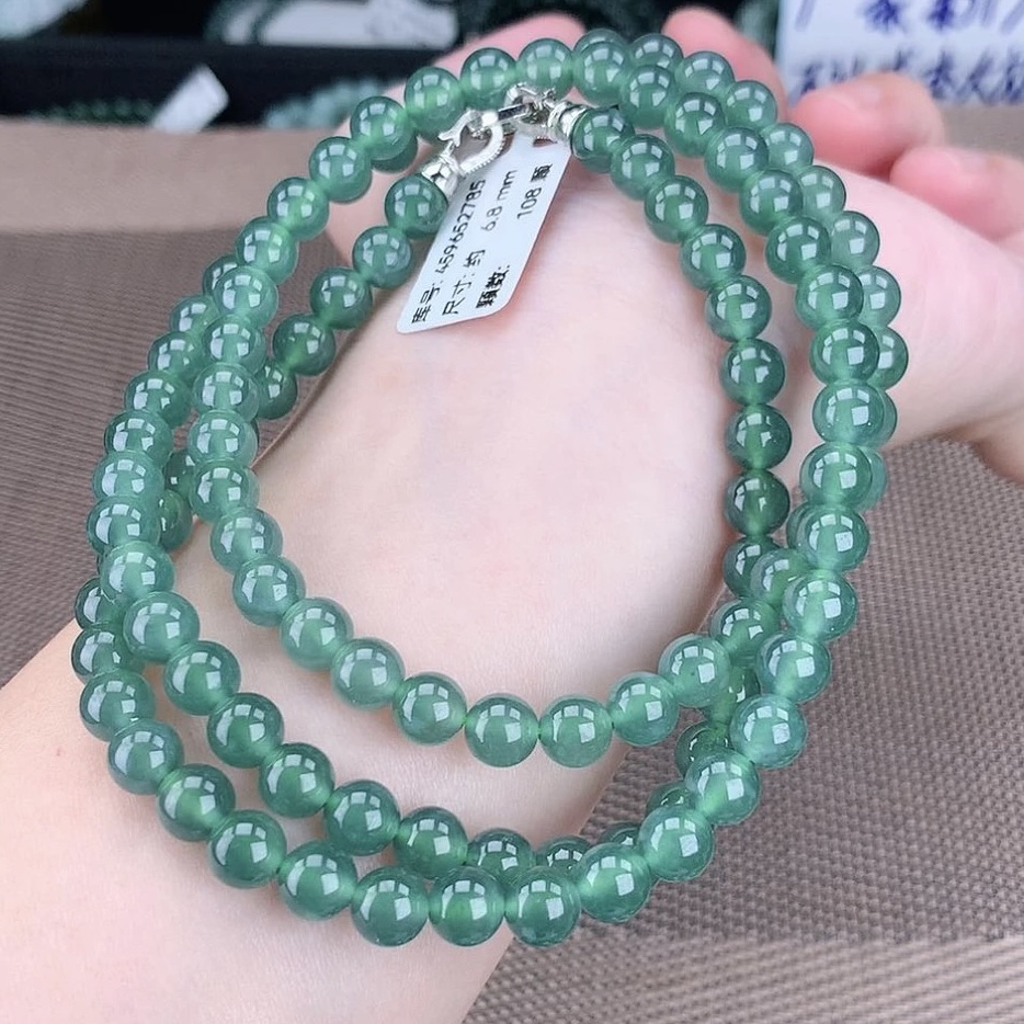 正品天然A货翡翠6-7m高冰晴水绿翡翠项链多圈手链时尚款绿色长链