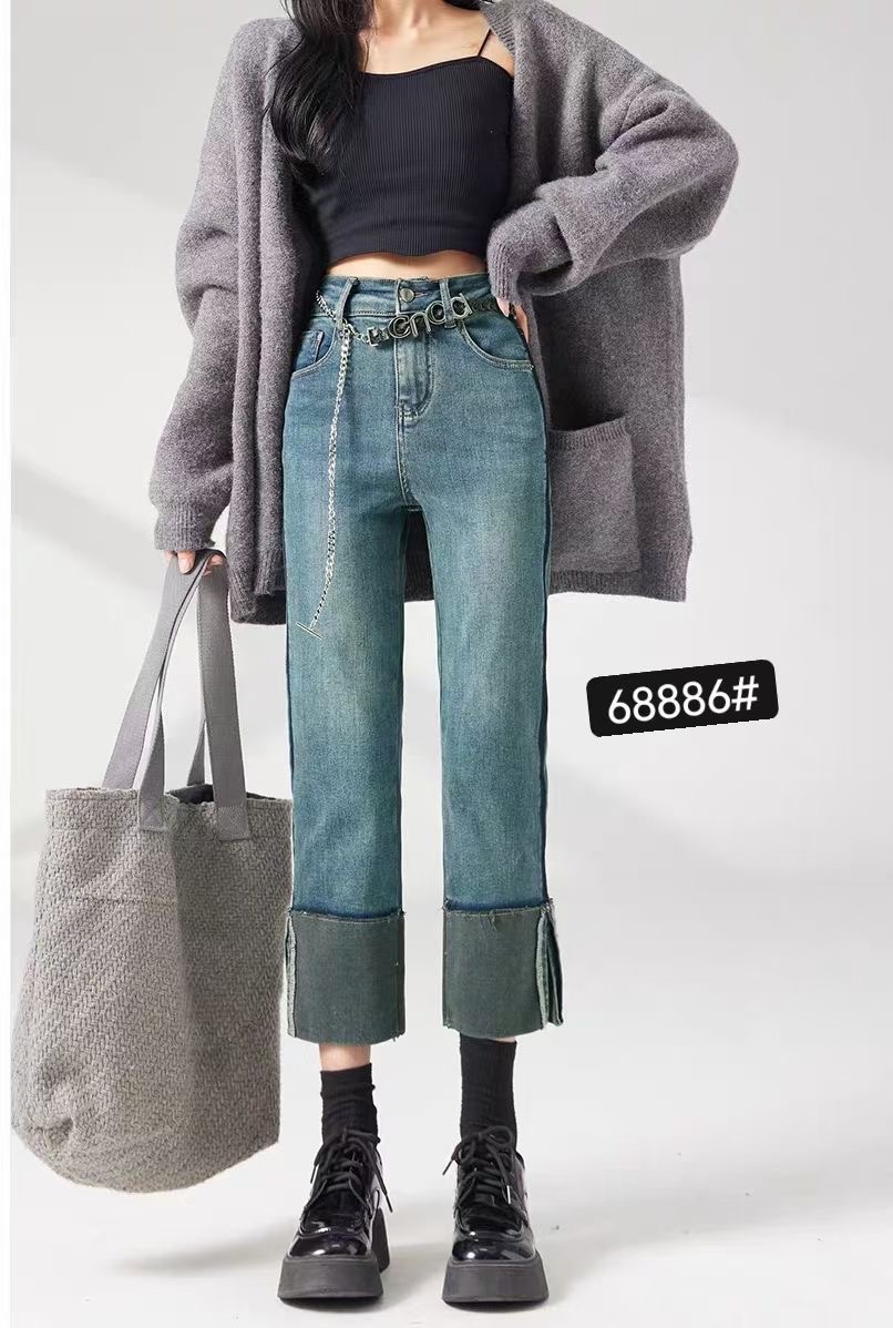 蓝色烟管裤牛仔裤显瘦韩版复古百搭