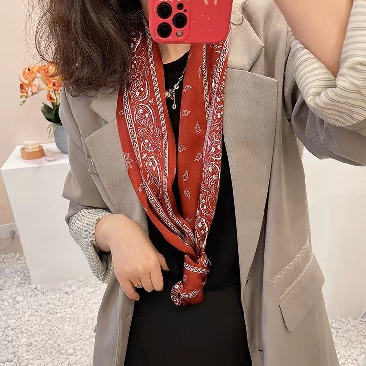 逐梦鸟印花桑蚕丝丝巾女春夏长巾酒红色飘带绿色显白气质百搭腰果