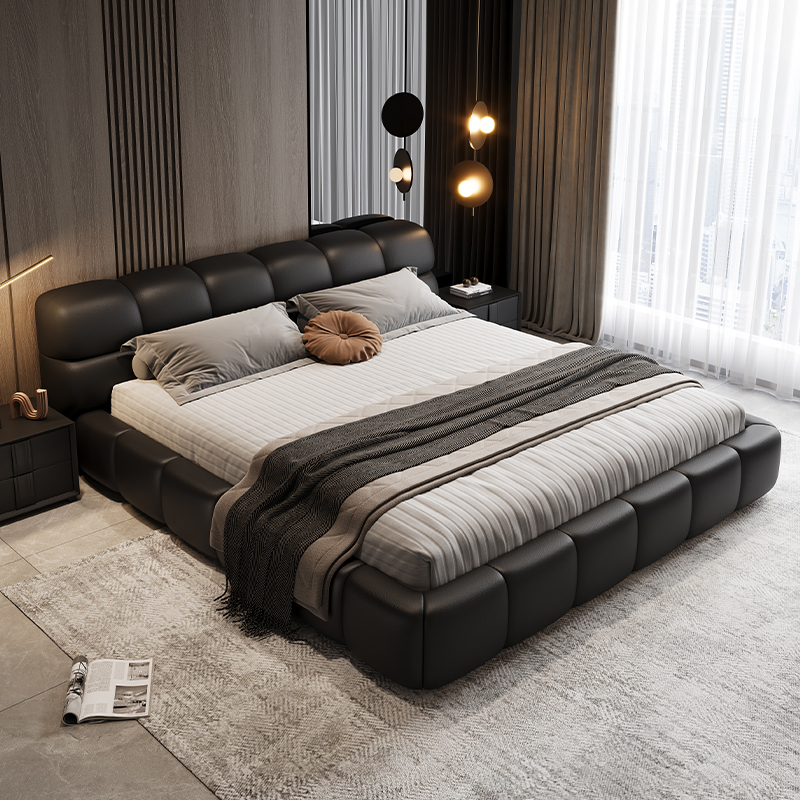 轻奢泡芙床主卧双人床皮床真皮床简约奶油网红婚床1.8米小户型