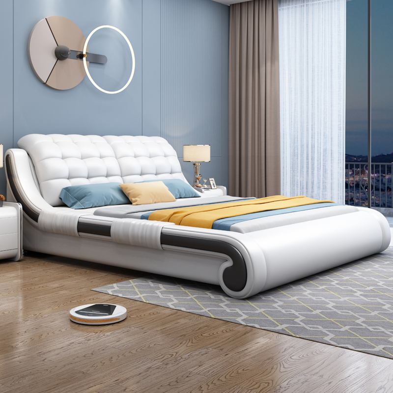 真皮现代简约轻奢卧室家具大床皮艺1.5米1.8米婚床榻榻米储物床