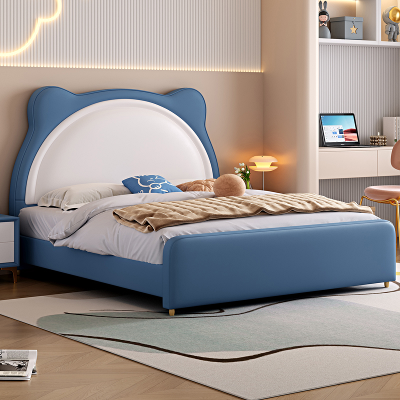 奶油儿童床男孩女孩公主床真皮卡通床加宽学生青少年现代卧室小床