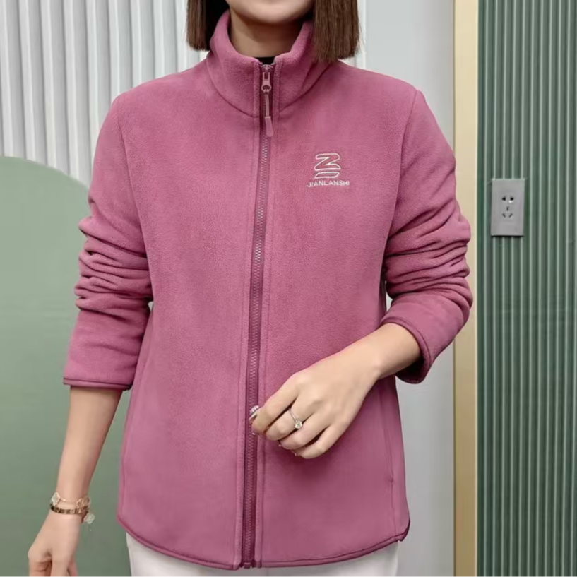 秋冬时尚加绒加厚保暖百搭休闲外套新款纯色女士立领上衣