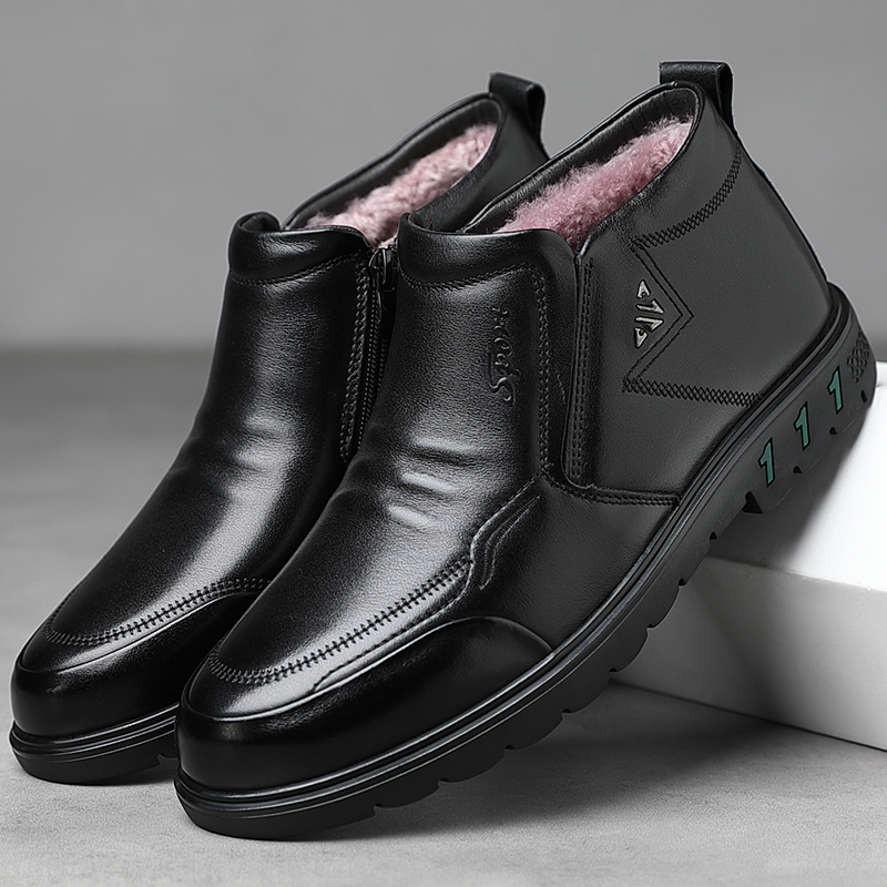 头层牛皮冬季男士棉鞋加厚加绒防滑中老年休闲高帮软底爸爸棉皮鞋