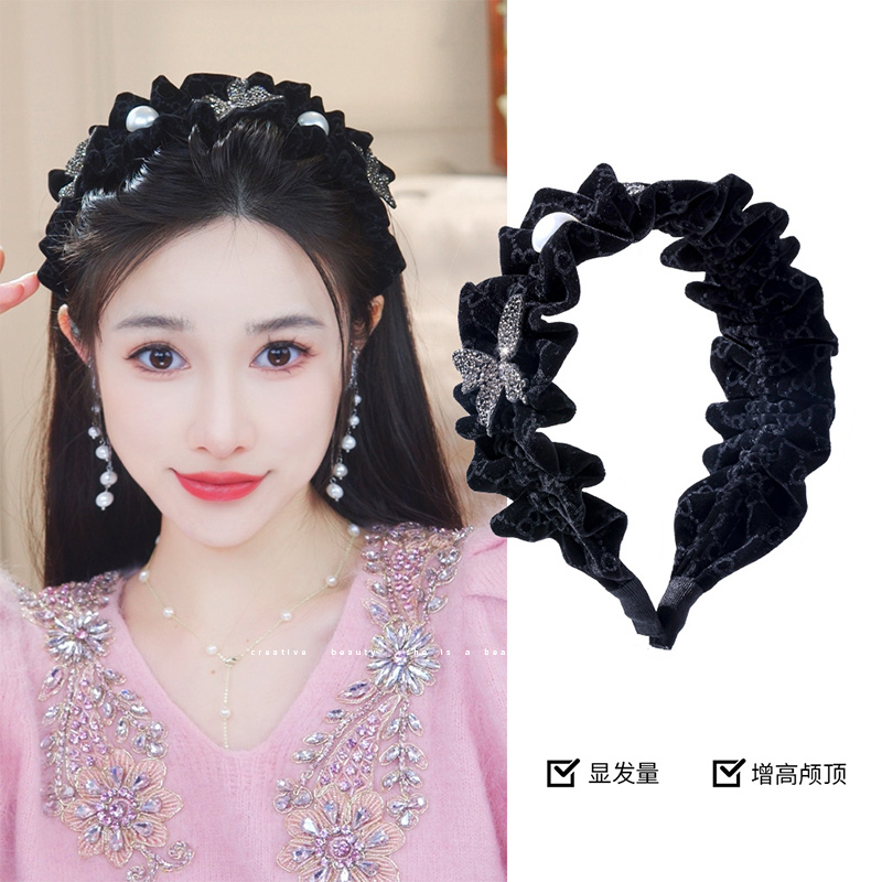 日本复古水钻蝴蝶褶皱丝绒宽边发箍女轻奢外出高颅顶头箍秋冬洗脸