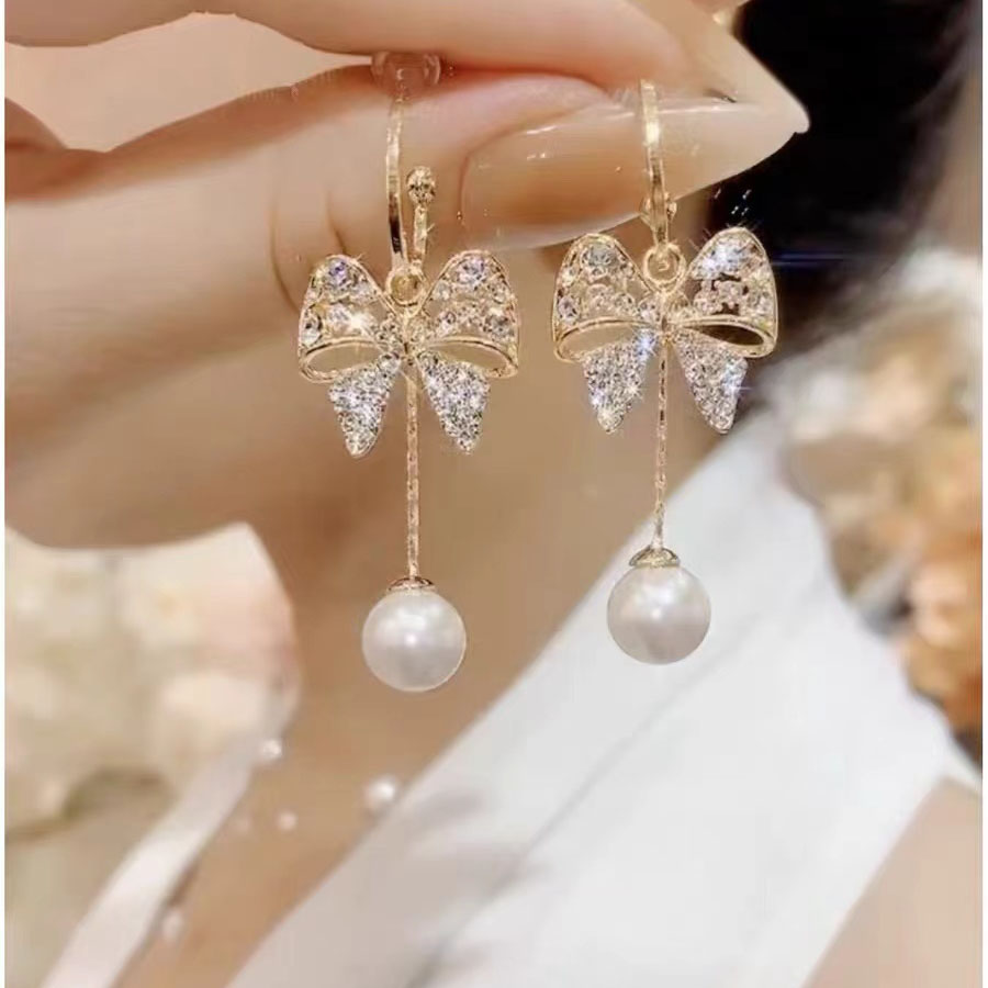 铜合金耳饰 蝴蝶结流苏珠珠耳环女时尚百搭轻奢小众简约耳钉2061