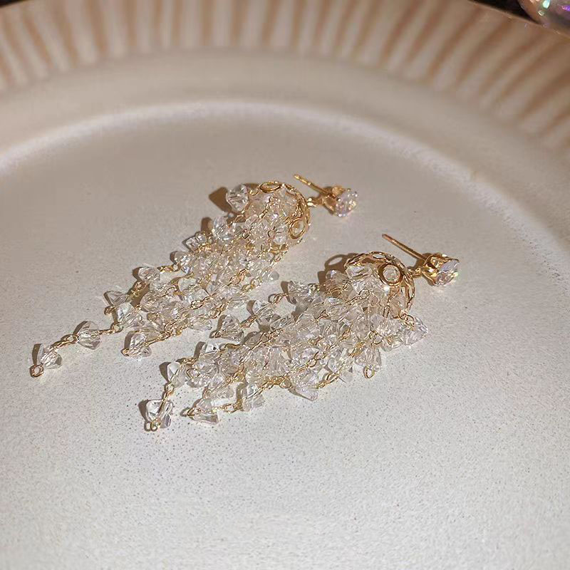 铜合金耳饰 杨柳飘飘流苏耳钉百搭复古小众长款超仙轻奢耳环2032