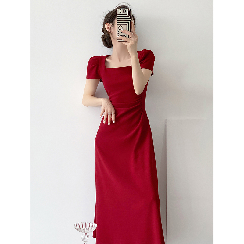 红色短袖连衣裙女夏季法式订婚礼服敬酒服平时可穿红裙子收腰长裙