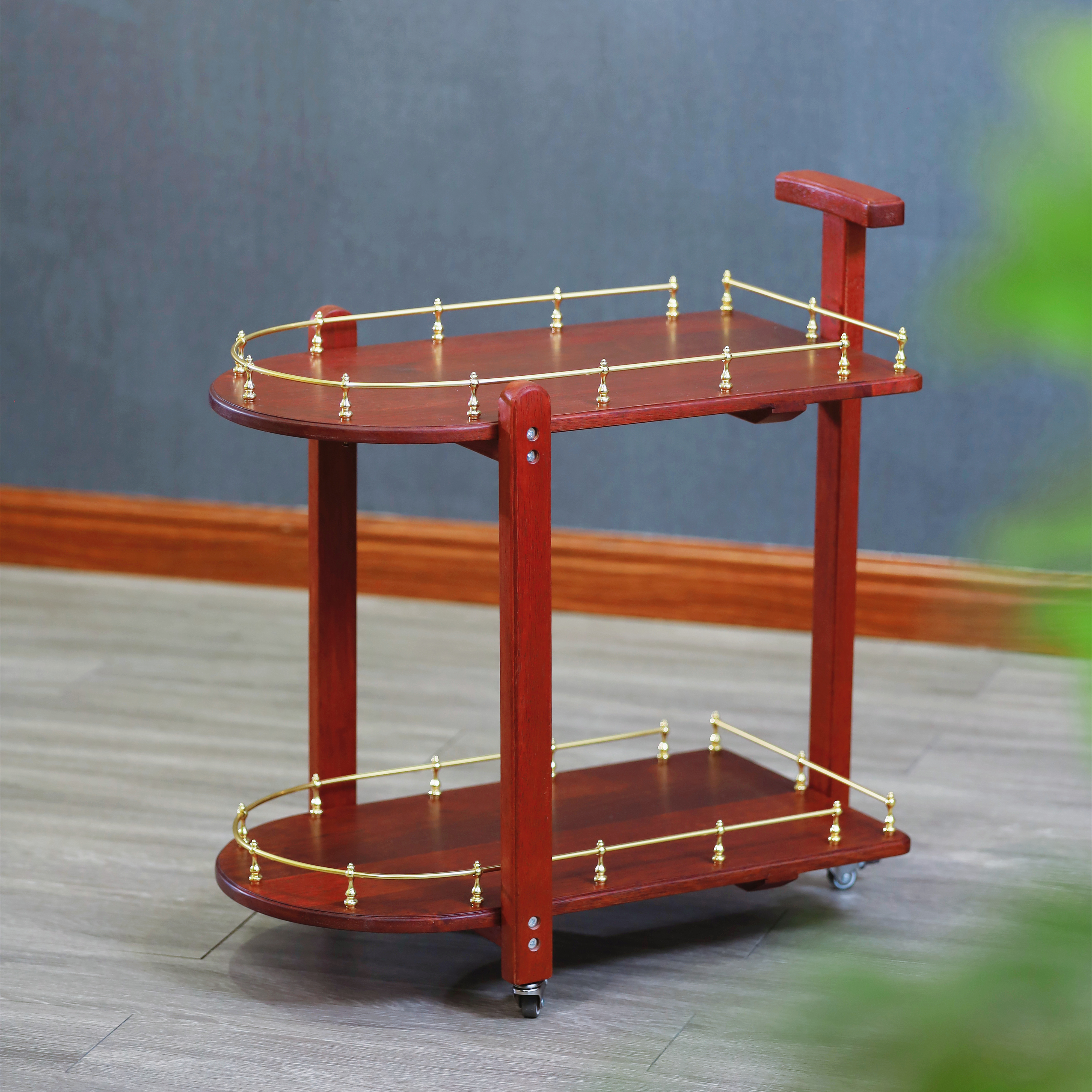 菠萝格新品二层小推车置物架厨房茶室空间收纳实木简约可提带轮