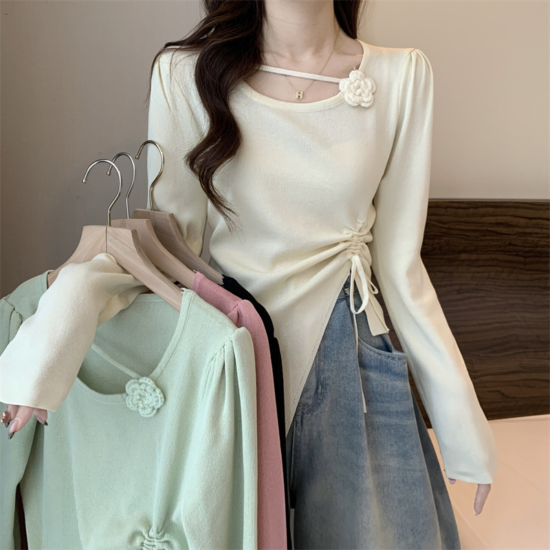 秋装女2024年新款爆款不规则花朵长袖针织衫小众独特短款抽绳上衣