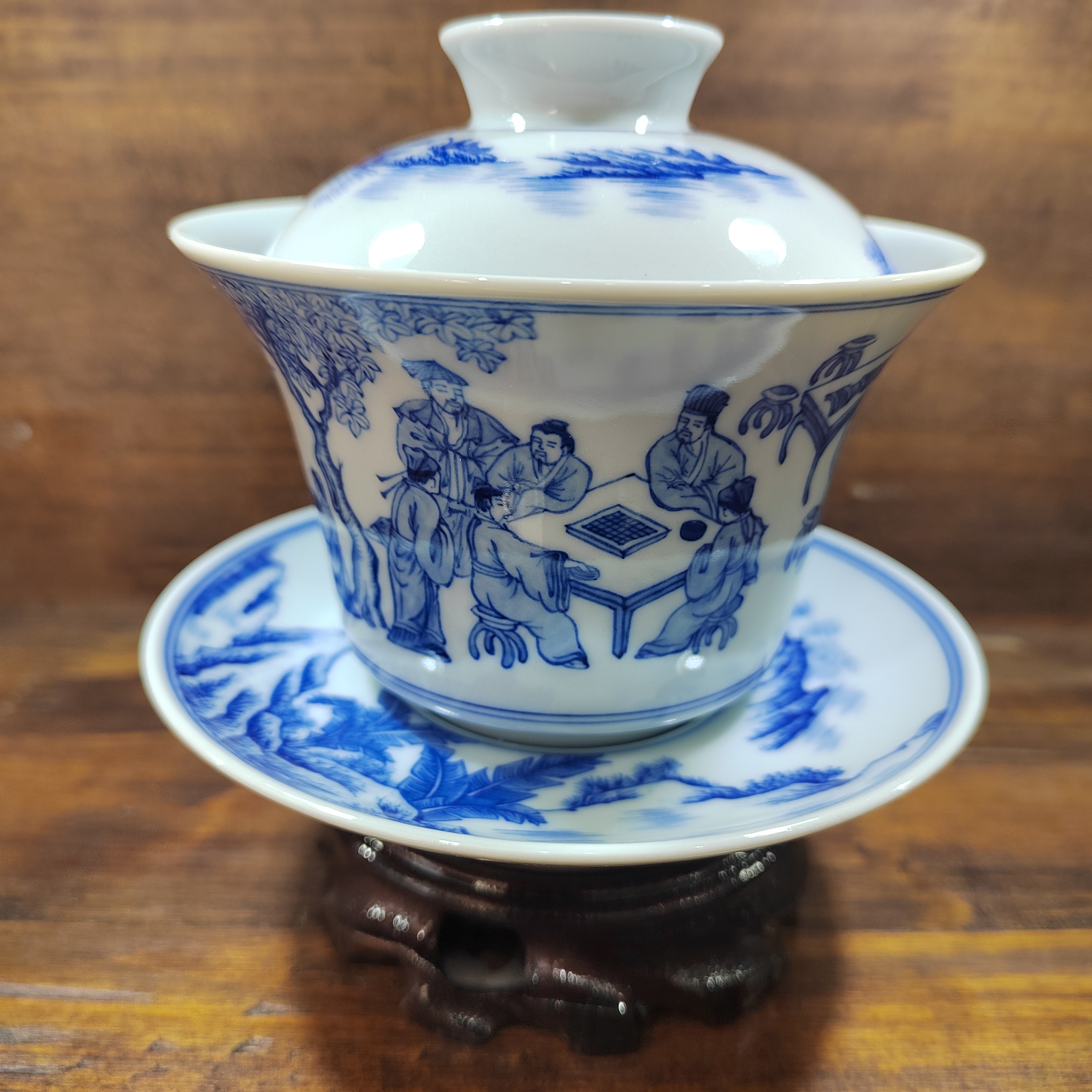 纯手工绘画青花山水人物十八学士三才盖碗