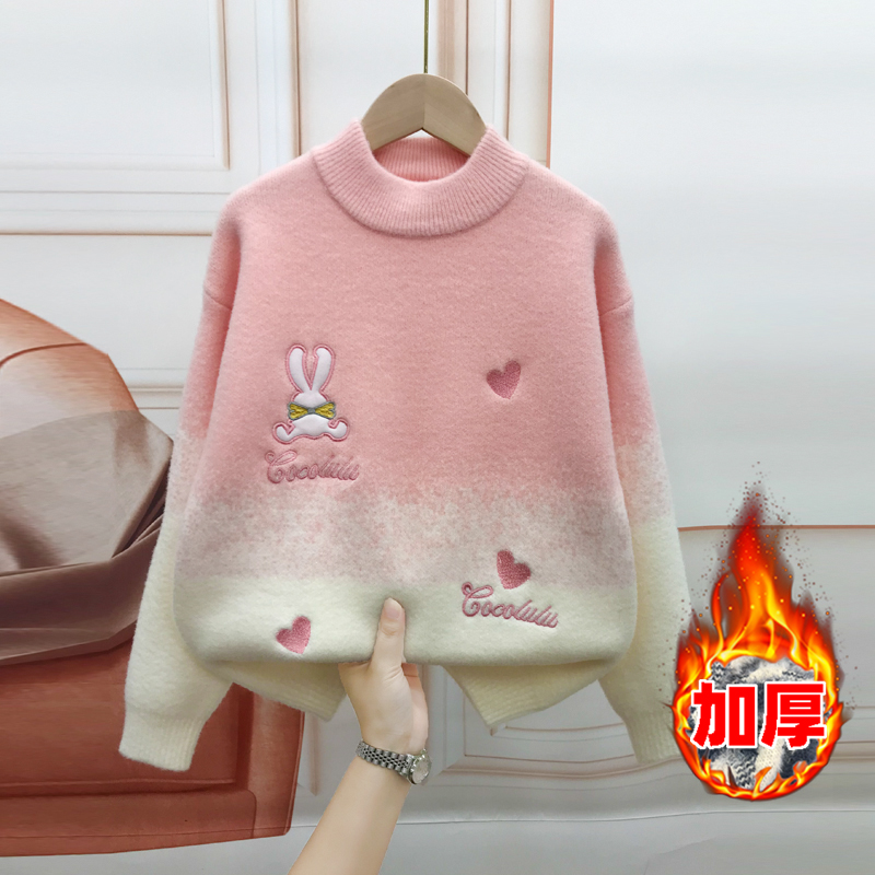 女童加厚毛衣秋冬款圆领套头打底衫韩国绒洋气百搭中大童针织衫  