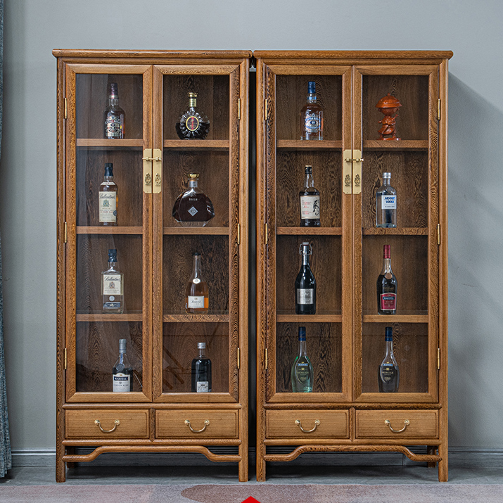 红木家具鸡翅木酒柜展示柜陈列柜实木红酒柜中式玻璃多层储物柜