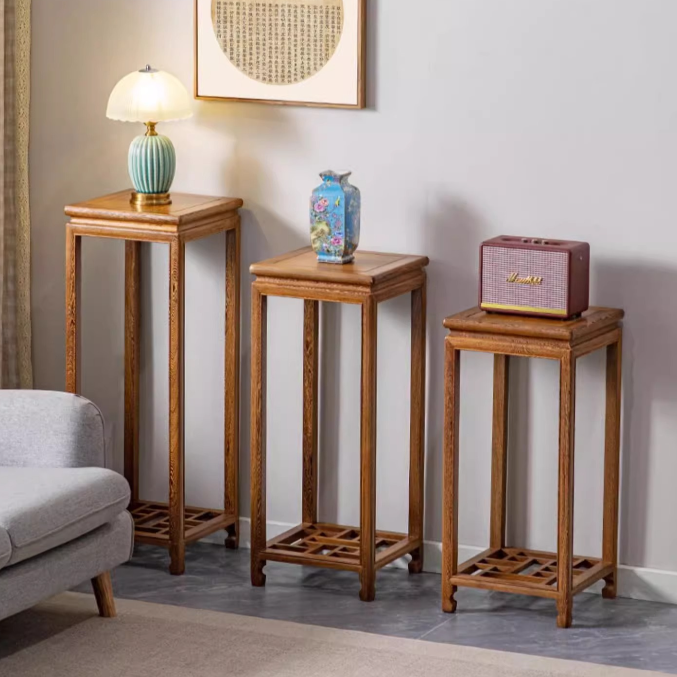 鸡翅木花架置物架简易室内实木花盆架新中式仿古落地式盆景架轻奢