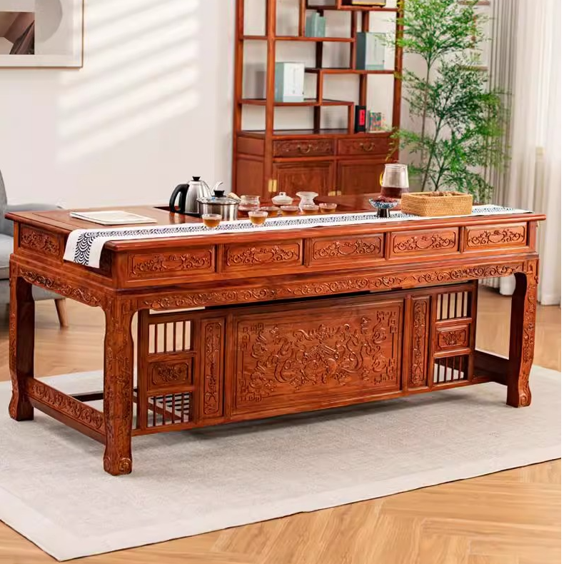 红木家具 花梨木茶桌椅组合 中式实木简约刺猬紫檀大茶几红木茶桌