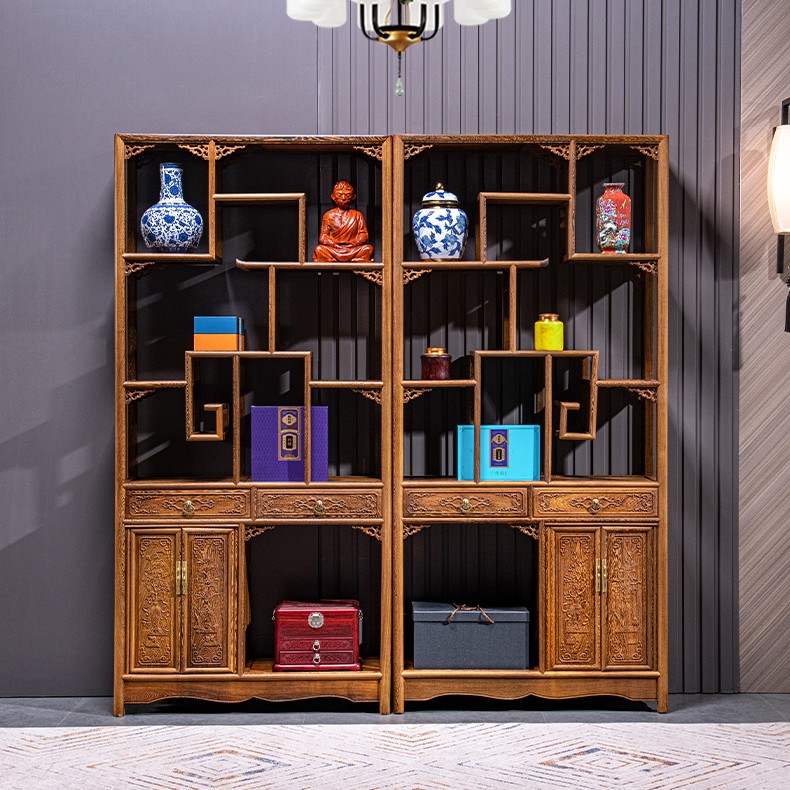 红木家具鸡翅木博古架实木中式多宝阁隔断置物架仿古玄关柜茶叶架