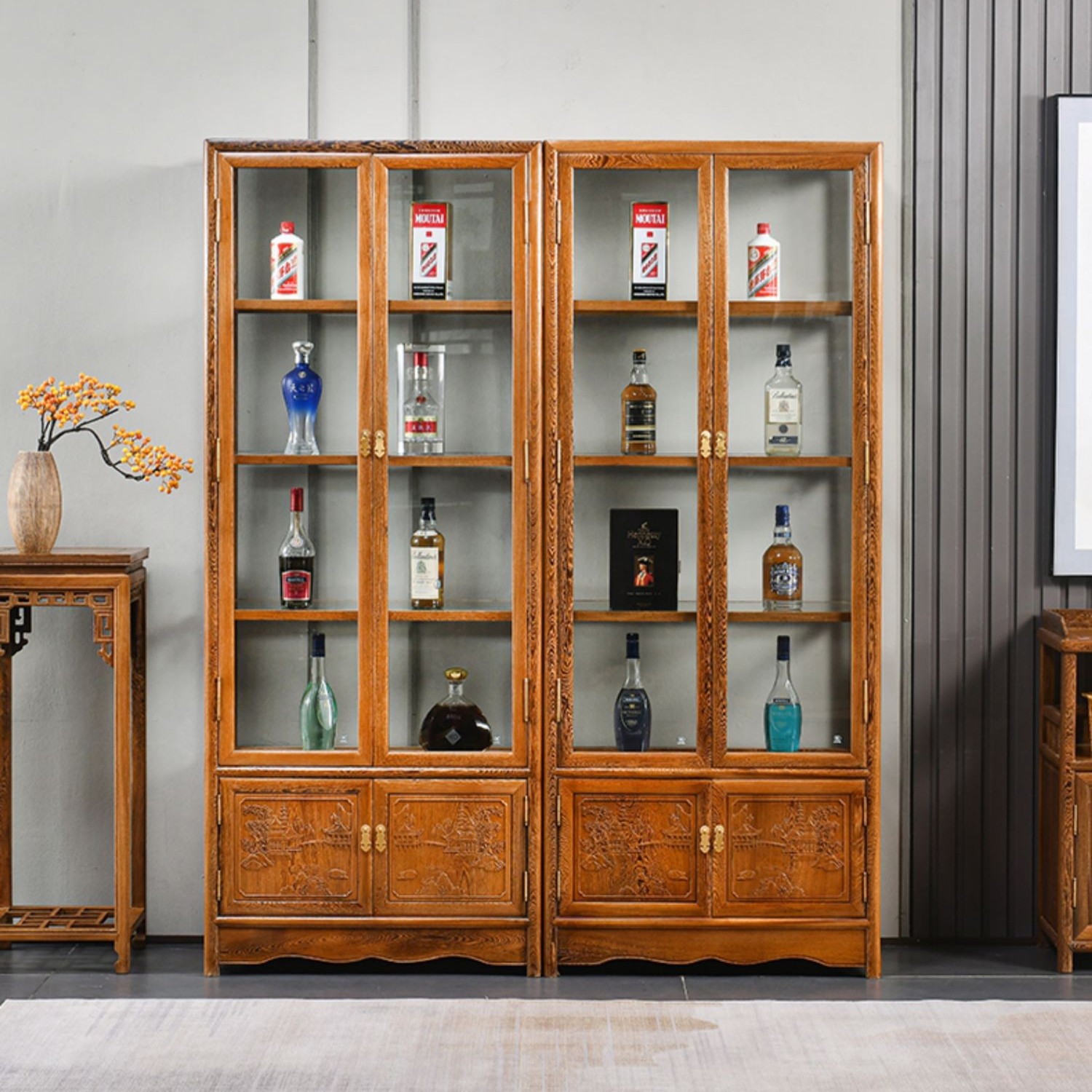 鸡翅木玻璃酒柜红木家具陈列柜实木新中式收纳展示柜隔断柜大户型