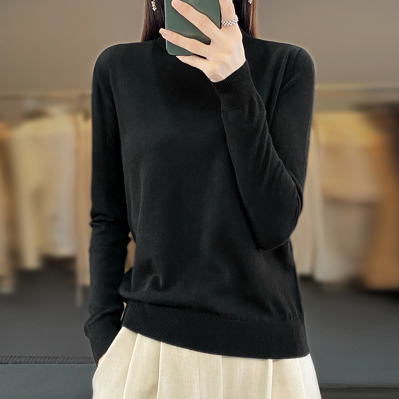 精纺羊毛半高领针织打底衫长袖宽松显瘦遮肉纯色女士时尚气质百搭