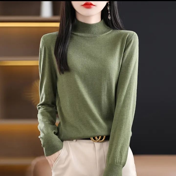 春秋精纺羊毛半高领针织打底衫女薄款宽松显瘦纯色长袖针织打底衫