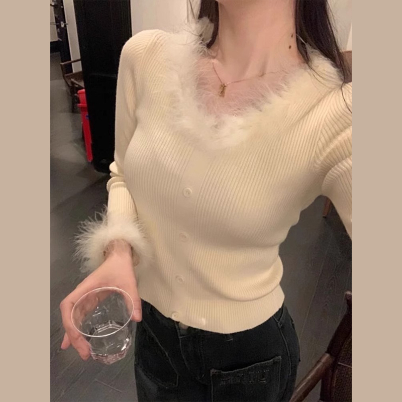 H353秋冬季2023新款毛衣女高级感内搭打底衫设计感毛茸茸针织上衣