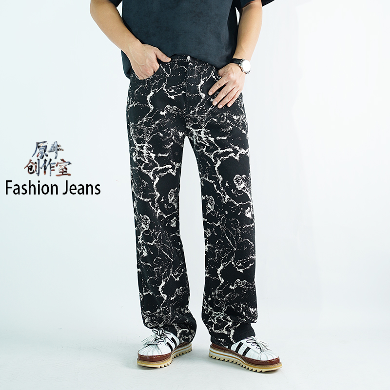 新款黑色秋季潮牌男小众复古提花牛仔重工水洗宽松直筒阔腿长裤