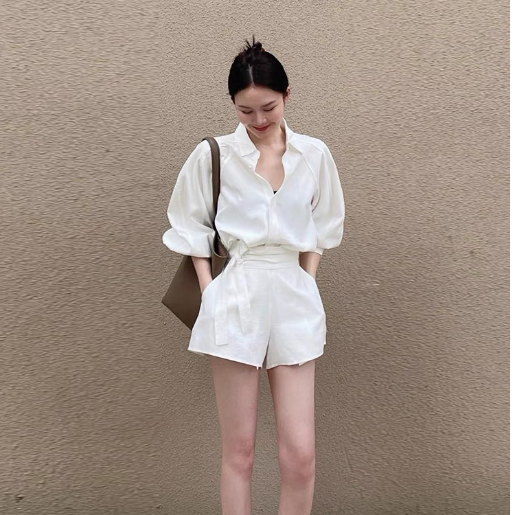 白色衬衫套装女2024春夏款气质干练高级感休闲防晒上衣短裤两件套