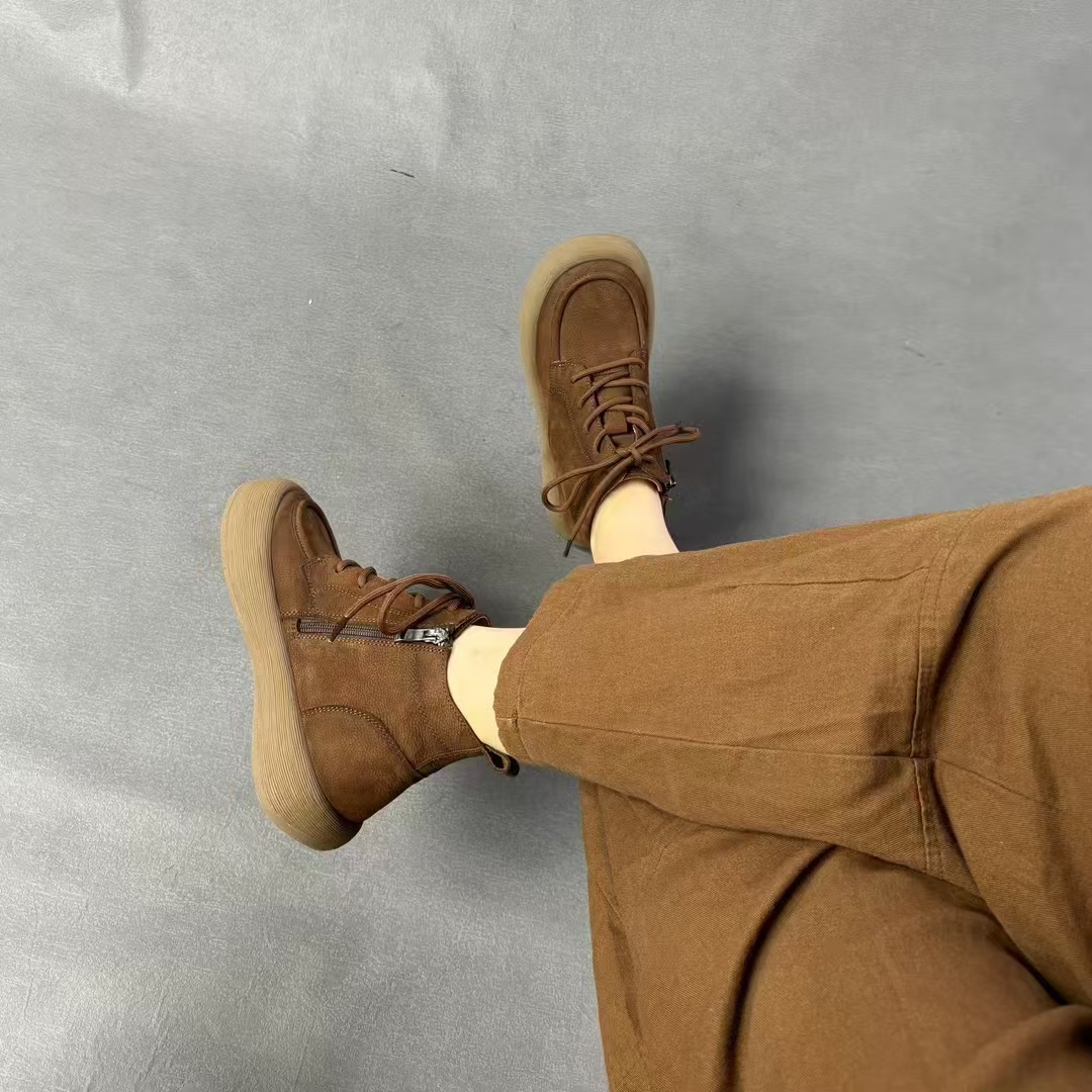 郡主家1099冬季文艺手工厚绒马丁靴平底侧拉链系带大棉平底棉靴