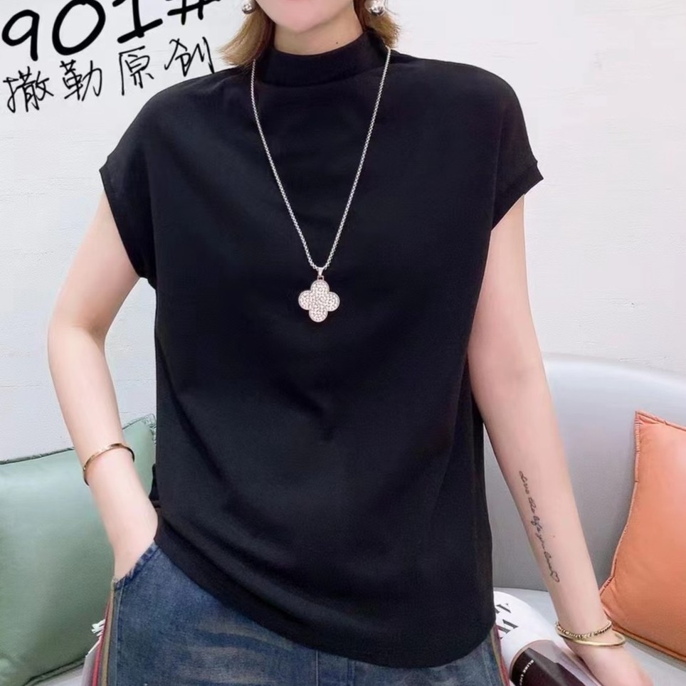 郡主家9901薄款半高领短袖t恤女宽松百搭纯色上衣
