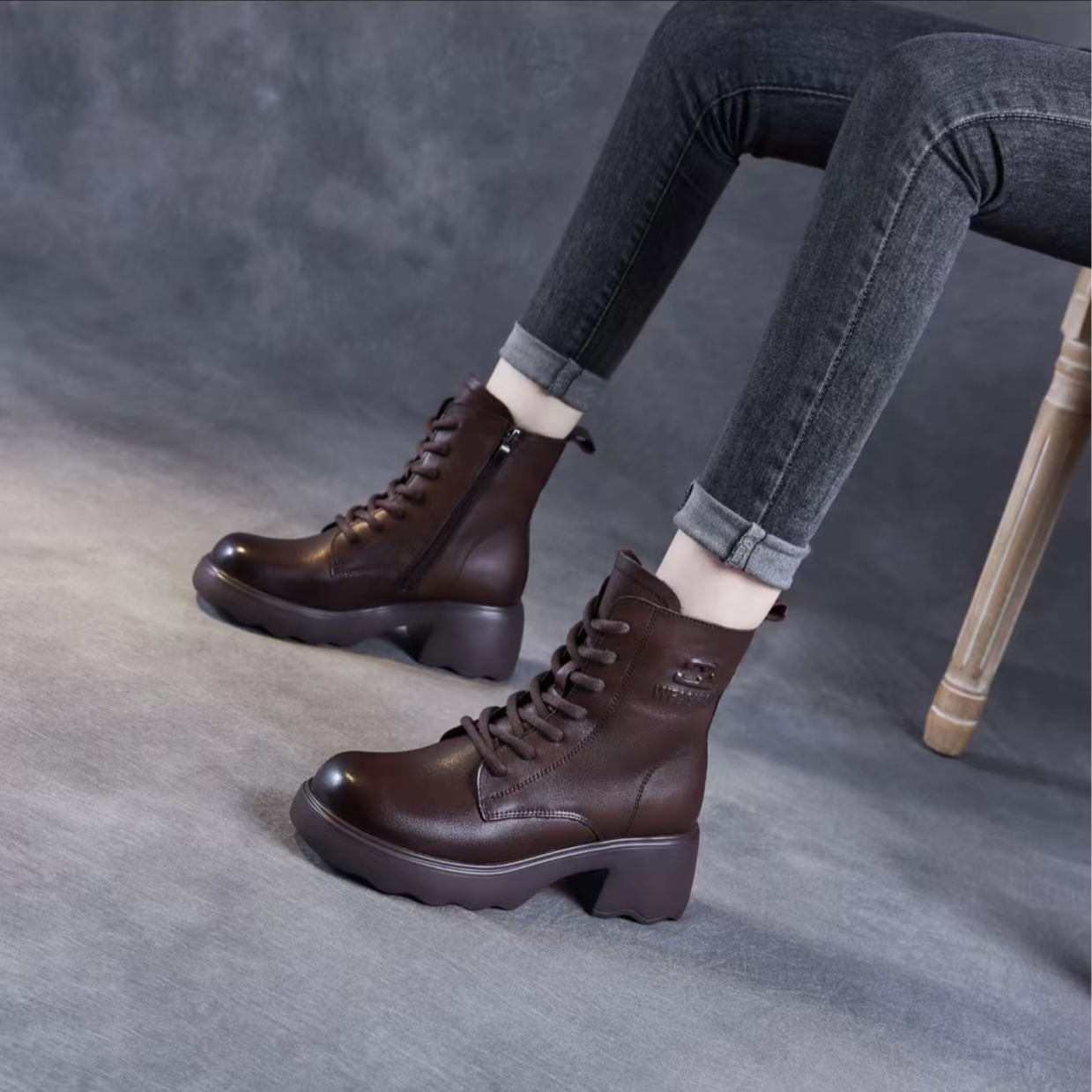 郡主家7206秋冬加绒时尚高跟厚底头层牛皮侧拉链休闲马丁靴