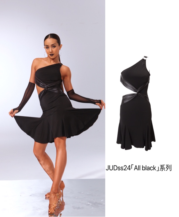 JUD【All black】拉丁练功服女斜肩显瘦连衣裙设计高级带胸垫001