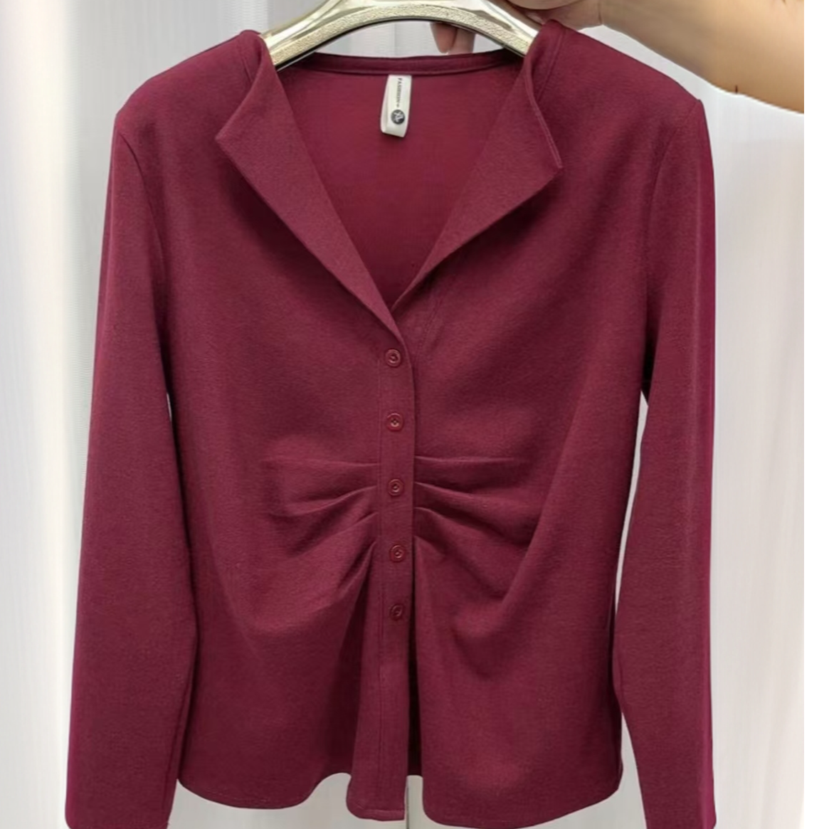 秋装2024新品纯色简约精梳棉品质压褶感小衫V领显瘦气质时尚