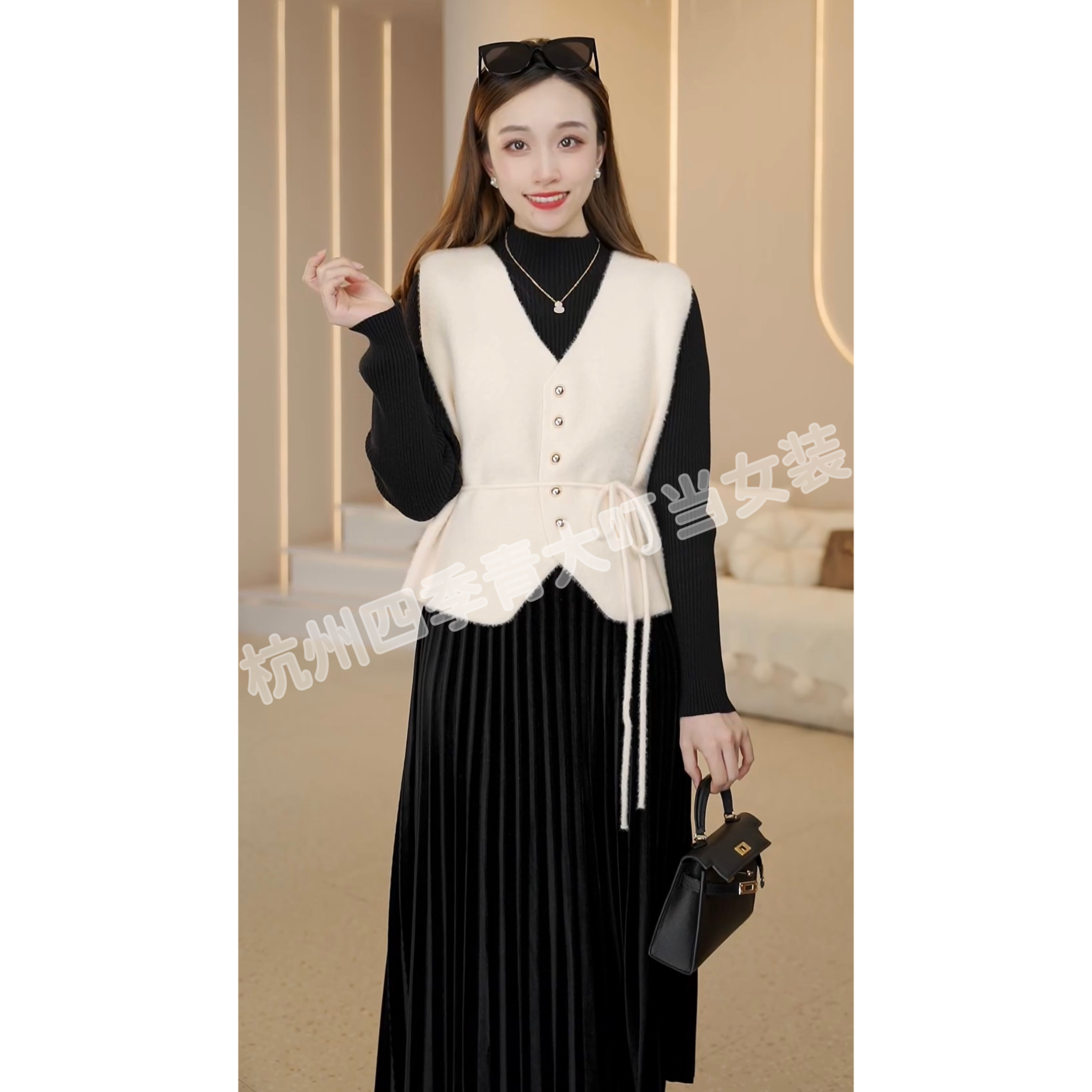 加厚长袖「初雪」冬季时尚毛感气质百搭法式宽松黑色针织女装连衣裙