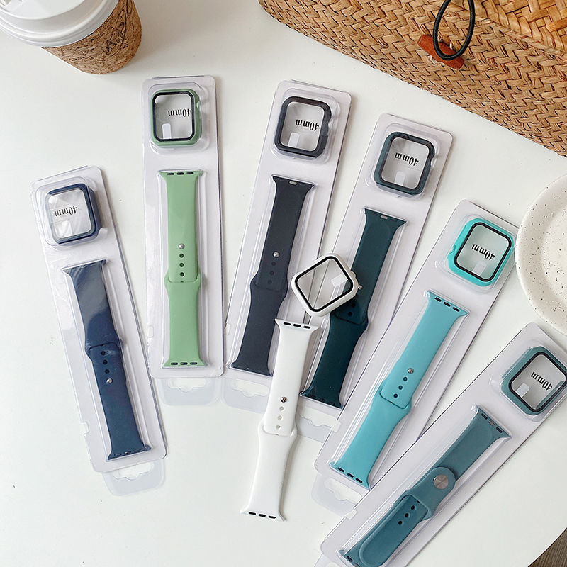 适用苹果Applewatch7硅胶手表带iwatch654运动保护套表壳膜二合一