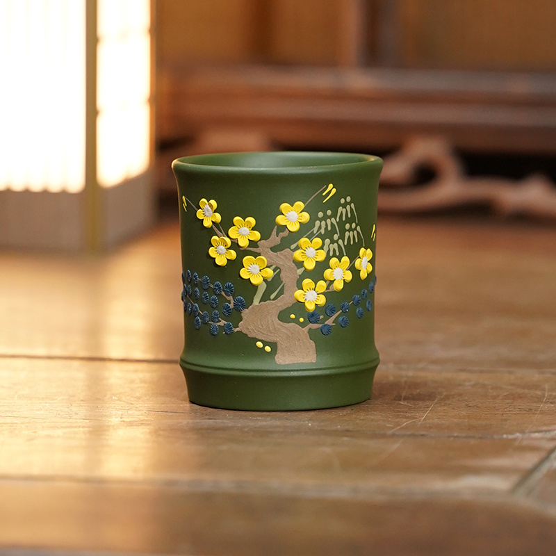宜兴原矿绿泥手工泥绘松竹梅紫砂主人杯容量160cc