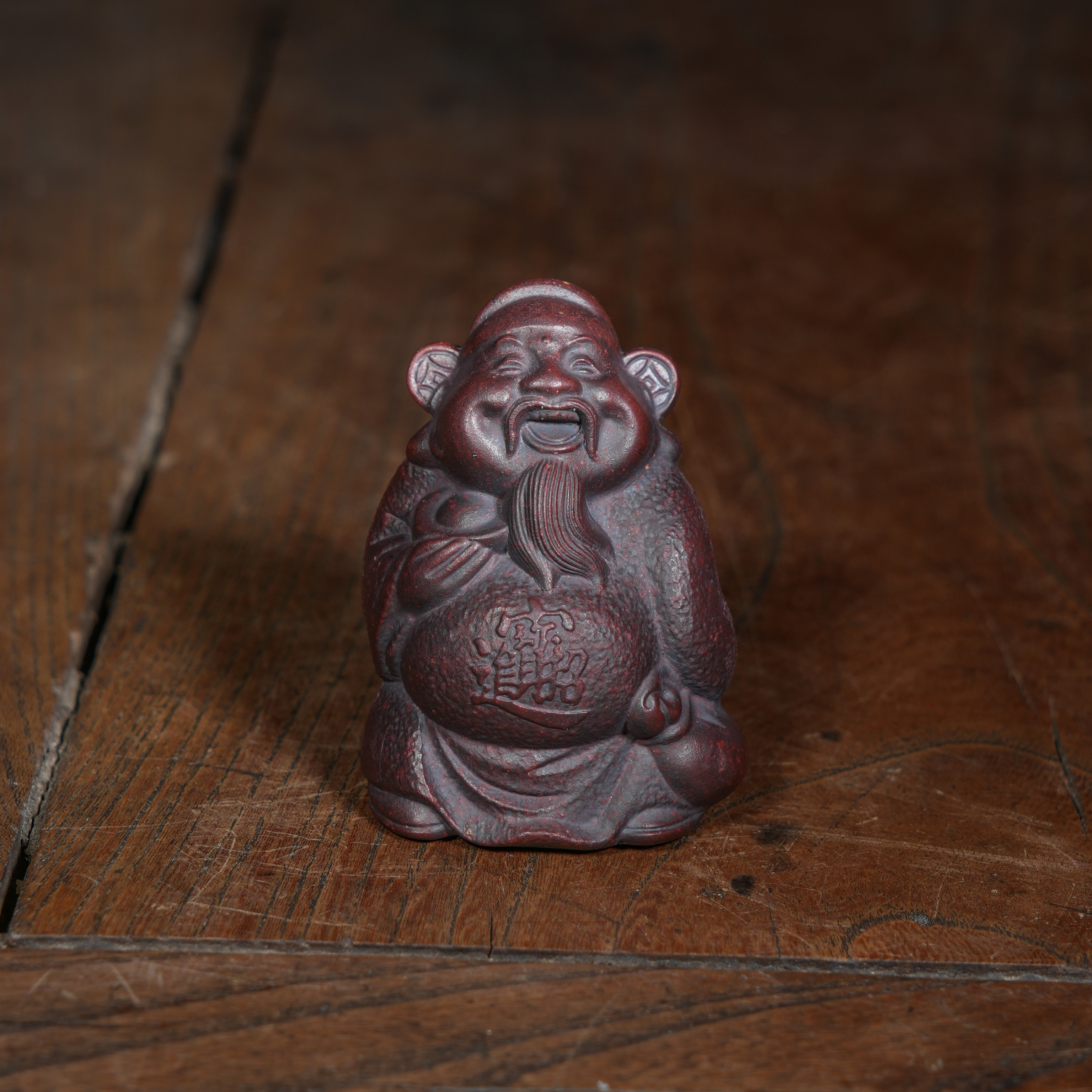 宜兴原矿高温石红料雕塑如意财神紫砂陶瓷手工茶宠茶玩茶道摆件