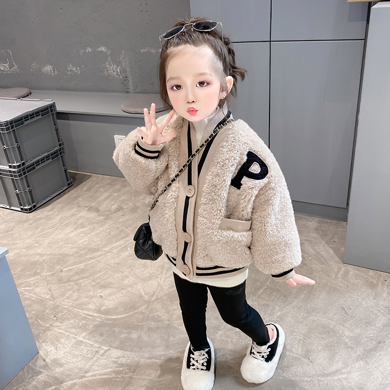 女童外套洋气羊羔绒2023新款儿童装加厚棒球服时尚时髦毛毛衣服潮