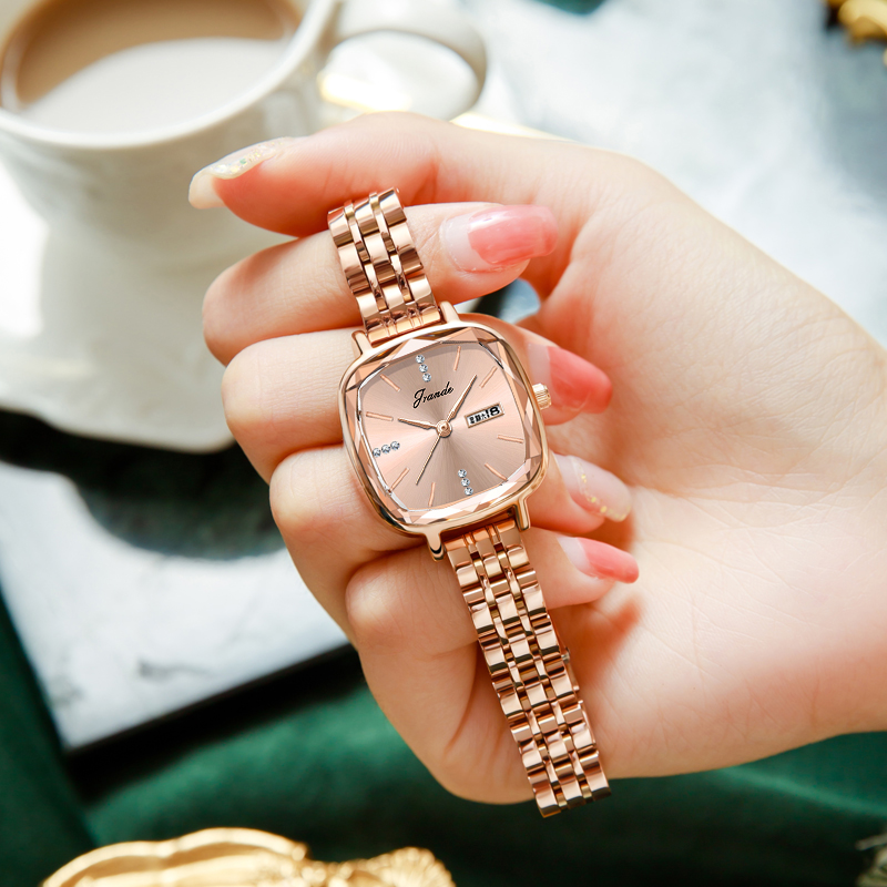 歌浪迪2023镶钻刻度双历复古小方盘石英手表女表 H7719L-G