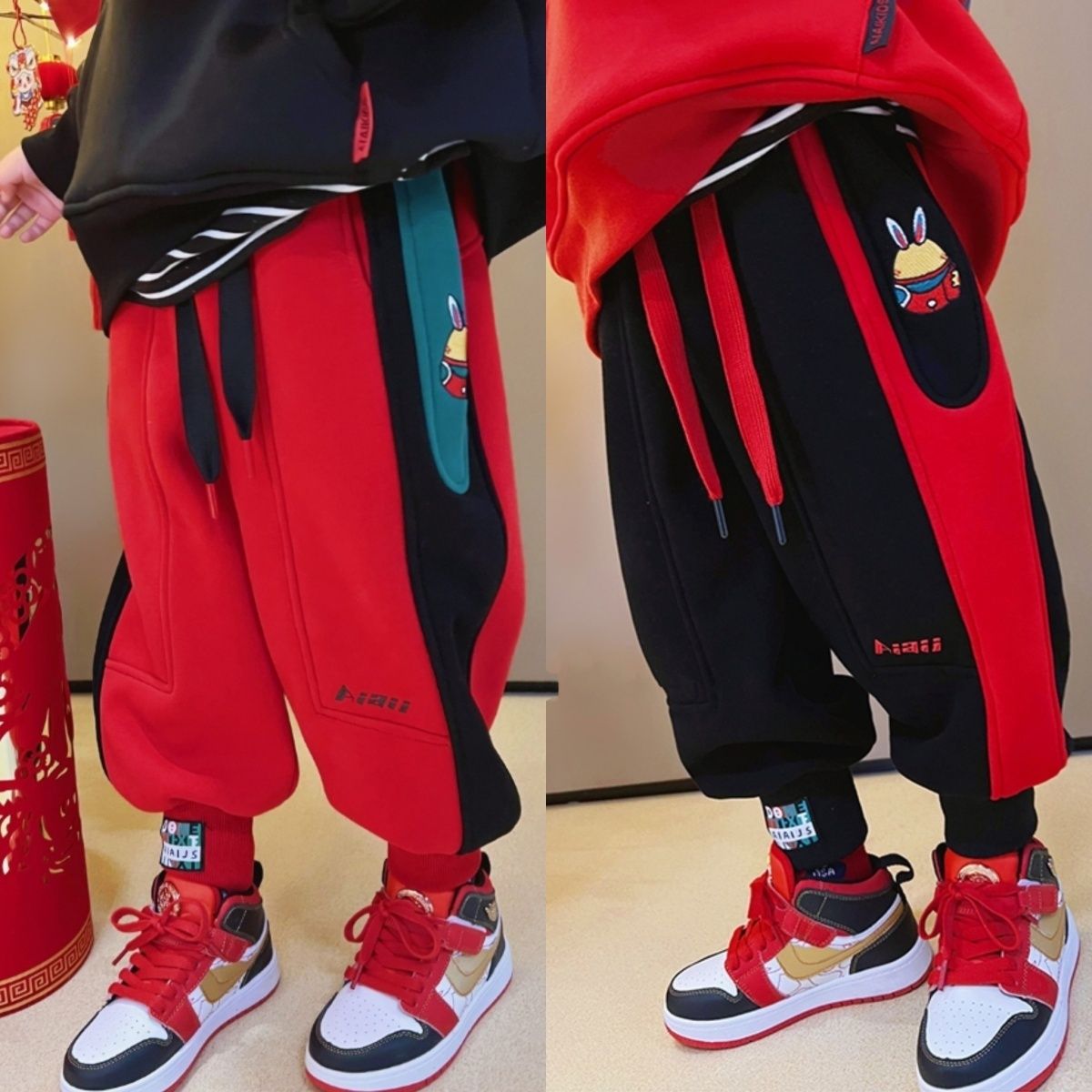 兔年红色男童加绒裤子2023新款中大童一体绒新年国潮风冬季运动裤