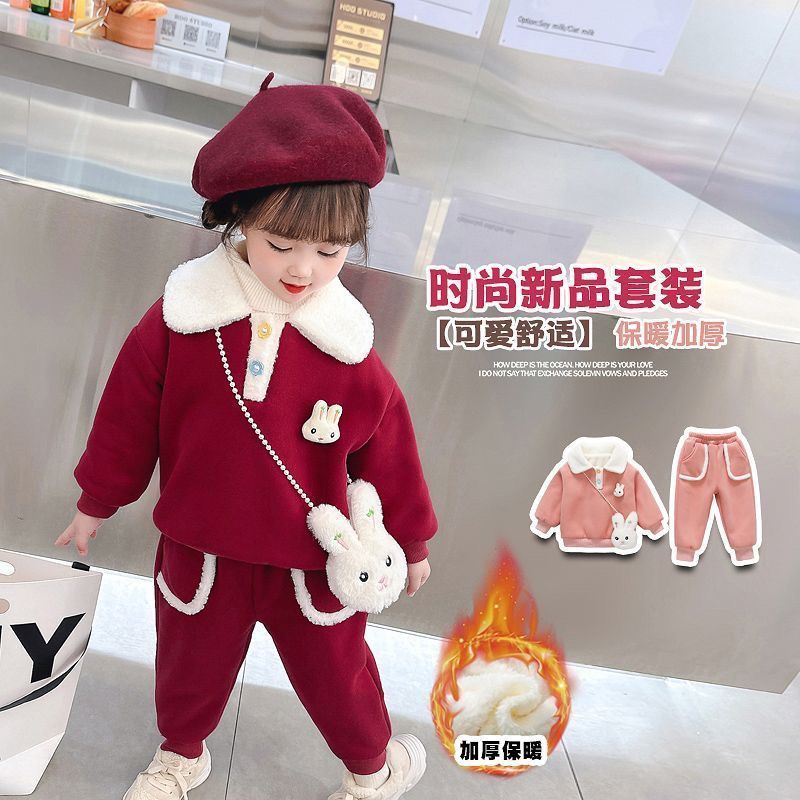 女童秋冬季加绒加厚套装新款中小童宝宝polo领卫衣运动两件套