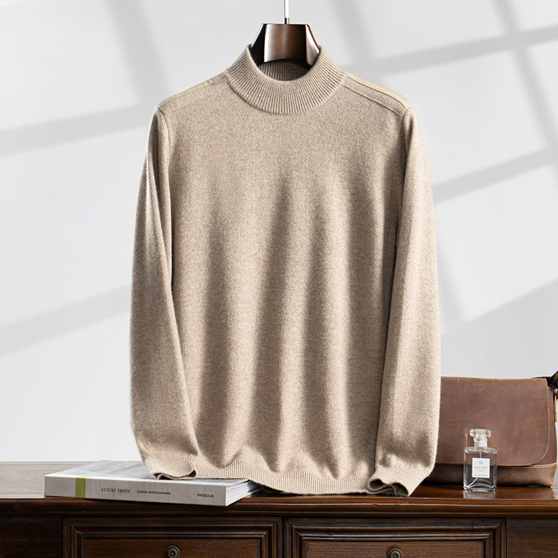 男士新款加厚进口翻牛皮半高领100山羊绒时尚商务休闲针织打底衫