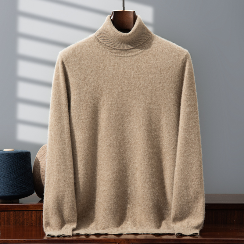 软糯亲肤~100纯山羊绒男高翻领商务保暖套头打底毛衣