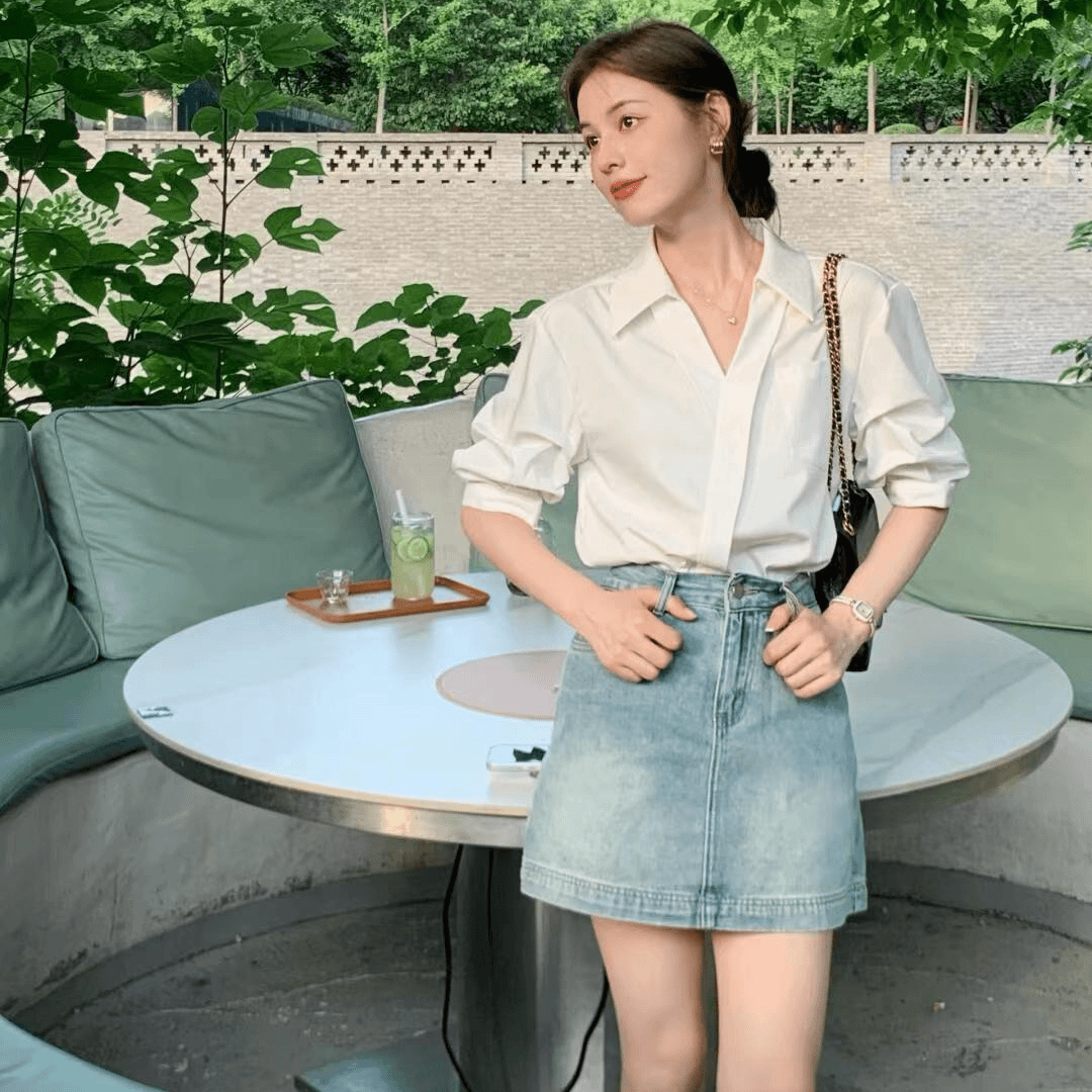 2024新款夏季休闲简约韩版衬衣短款小衫搭配高腰牛仔裙女时尚百搭