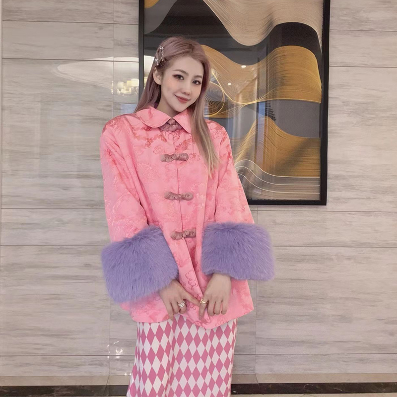 沈梦辰明星同款新中式粉色外套女秋冬新款甜美拼接盘扣国风上衣