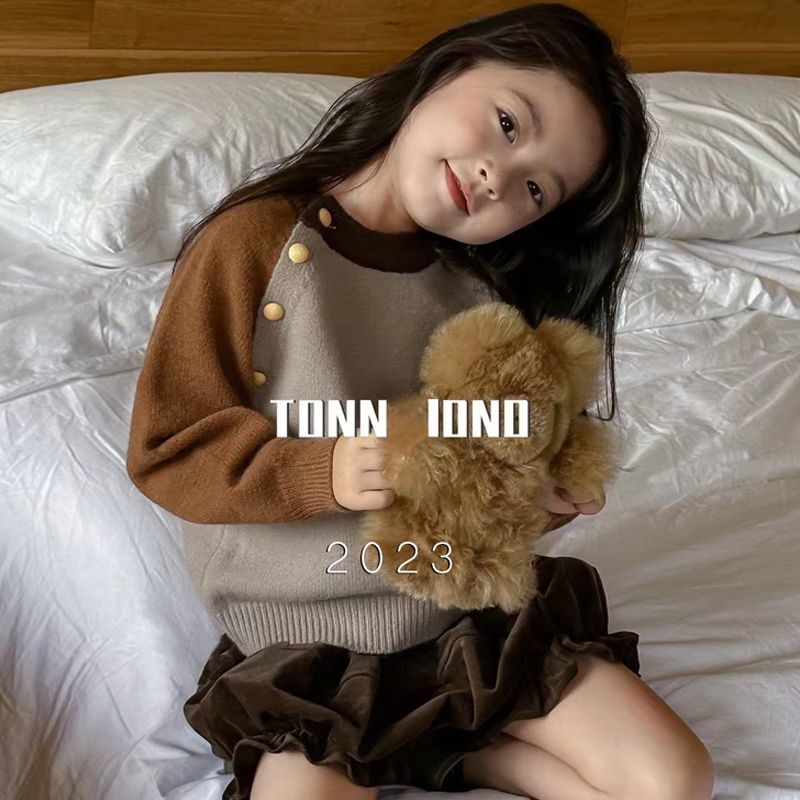 【小扬哥推荐】女童秋冬保暖毛衣2023新款中小童斜边扣拼色针织衫